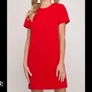 Ann Taylor Red Shift Dress Short Sleeve T- Shirt Dress Zip Back Round Neck Sz 10